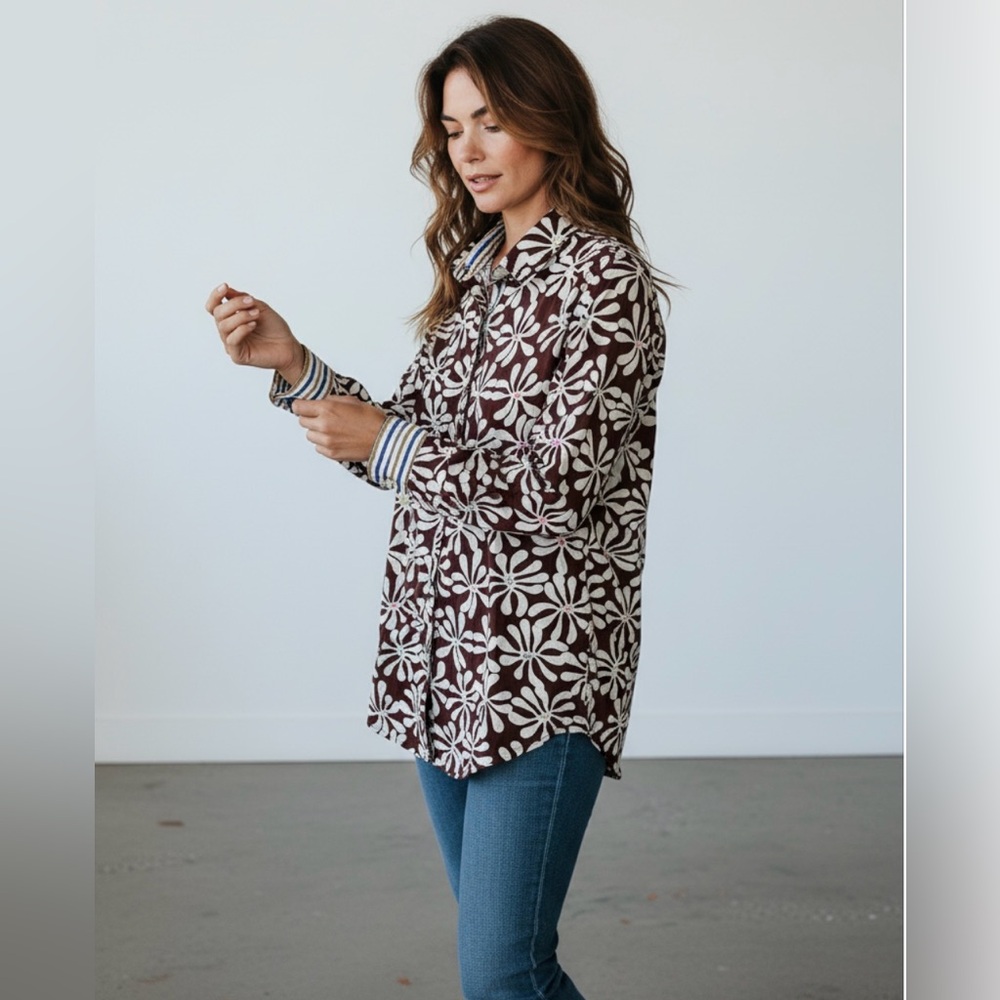 J. McLaughlin Floral Brown White Button Down Textured Shirt size S